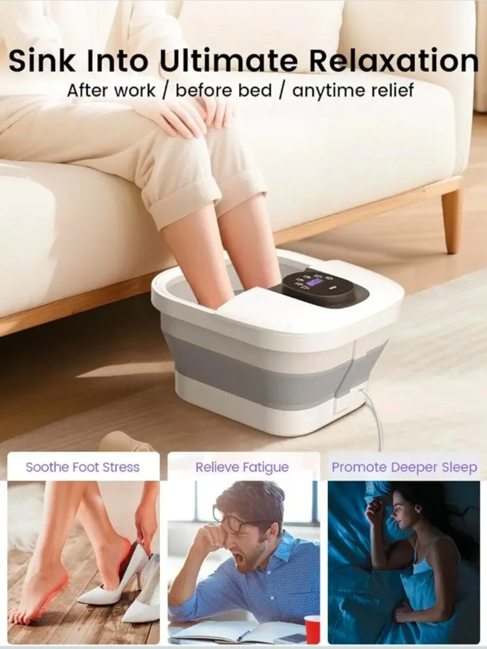 Collapsible Foot Spa with Heat, Bubbles, 24-Level Temp Control, Red Light, Timer